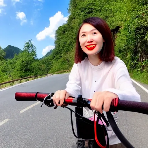 a chinese yong lady with brown hairs, small oval face，small mouth and red lips, riding a montain bike on the road in an indurstaril zone, portrait mode, Cannon, 1.2