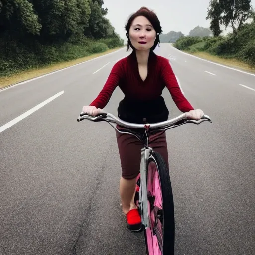 a chinese yong lady with brown hairs, small oval face，small mouth and red lips, riding an bicycle on the road in an indurstrail zone, portrait mode, Cannon, 1.2