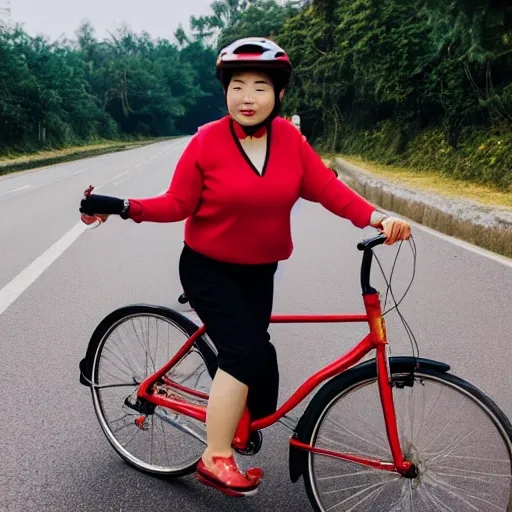 a chinese yong lady with brown hairs, small oval face，small mouth and red lips, riding an bicycle on the road in an indurstrail zone, portrait mode, Cannon, 1.2