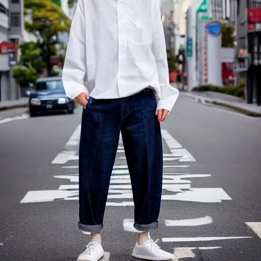 kuki shinobu from genshin impact in casual clothes, short jeans an white shirt in a city street