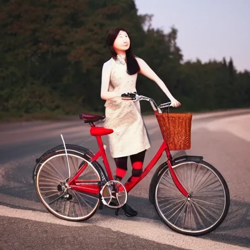 a chinese yong lady with brown hairs, slip shape,small oval face，small mouth and red lips, riding an bicycle on the road in an industrail zone, portrait mode, Cannon, 1.2