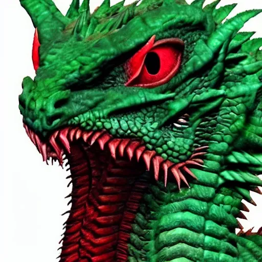 enormous real red dragon whith green eyes