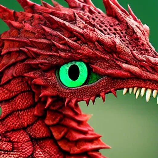 enormous real red dragon whith green eyes