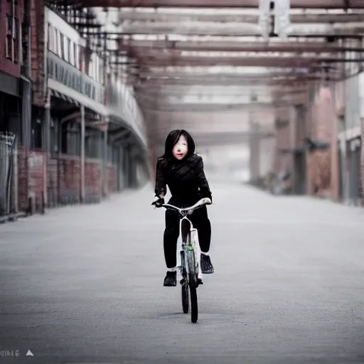 Create a portrait of a young Chinese woman with brown hair, a slender build, a small oval face, and small mouth with red lips. She is riding a bicycle along a road in an industrial zone, with tall factories and warehouses in the background. The portrait should be in a portrait orientation and captured using a Canon camera with an aperture of 1.2 to create a shallow depth of field effect. The overall style of the portrait should be natural and authentic, capturing the woman's grace and beauty as she pedals through the gritty urban landscape.