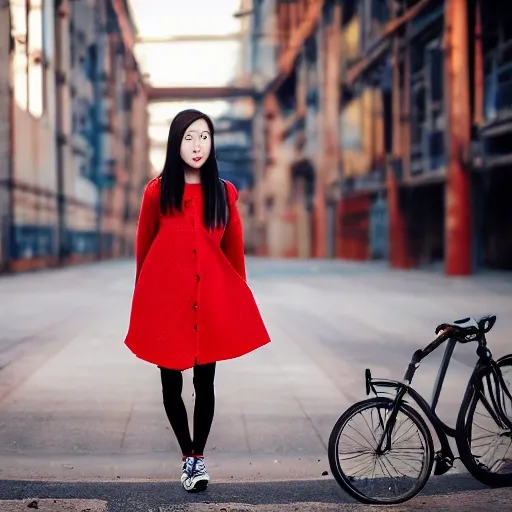 Create a portrait of a young Chinese woman with brown hair, a slender build, a small oval face, and small mouth with red lips. She is riding a bicycle along a road in an industrial zone, with tall factories and warehouses in the background. The portrait should be in a portrait orientation and captured using a Canon camera with an aperture of 1.2 to create a shallow depth of field effect. The overall style of the portrait should be natural and authentic, capturing the woman's grace and beauty as she pedals through the gritty urban landscape.