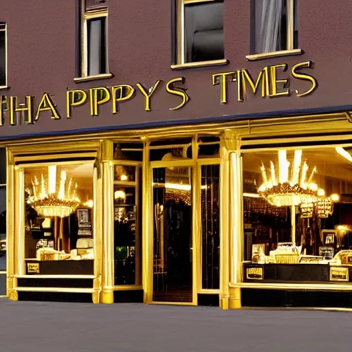 happy times shop, storefront, signature, grand, high-end, shining with gold
