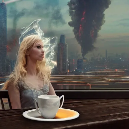 a cinematic panning shot of a white skinned amazon warrior woman, beautiful, drinking coffee in small 1960s english china cup, on a bar table, behind a futuristic city, explosion, space fire, chaos, action, cinematic , matrix filter, photorealistic, 8k,, Trippy