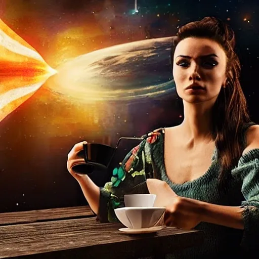 a cinematic panning, amazon warrior woman, beautiful, drinking coffee in small 1960s english cup, on a bar table, behind a futuristic city, explosion, space fire, chaos, action, cinematic , matrix filter, photorealistic, 8k,, Trippy
, Trippy