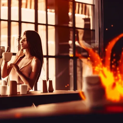 Close-up bar, bar table and beautiful woman, attractive barefoot, having a cup of coffee, behind futuristic city on fire, explosion, space fire, chaos, action, cinematic, photorealistic, 8k,

, Trippy