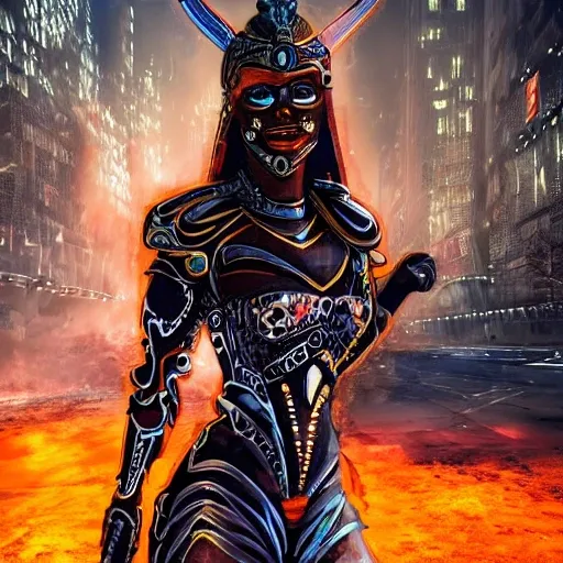 Ladgerda Viking warrior, beautiful, mystical, in a dark gray exosuit with glowing blue lines, standing in the middle of New York City, futuristic, destroyed city, on fire, fire, oranges, smoke in the distance, glows, Trippy