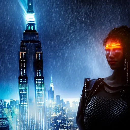 Lagerda character, from the Vikings series, beautiful, mystical, attractive woman in a dark gray exosuit with bright blue lines, on the top floor of the Empire State Building, observing, in profile, New York City, futuristic storm, fire, oranges , smoke in the distance, glow, 3D, realistic 135 mm , Trippy