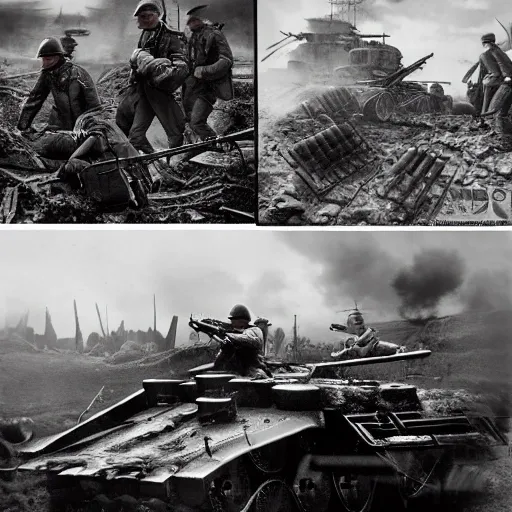 WW1 battlefield with cyberpunk german tanks fighting french zombie hi tech cyborg warriors