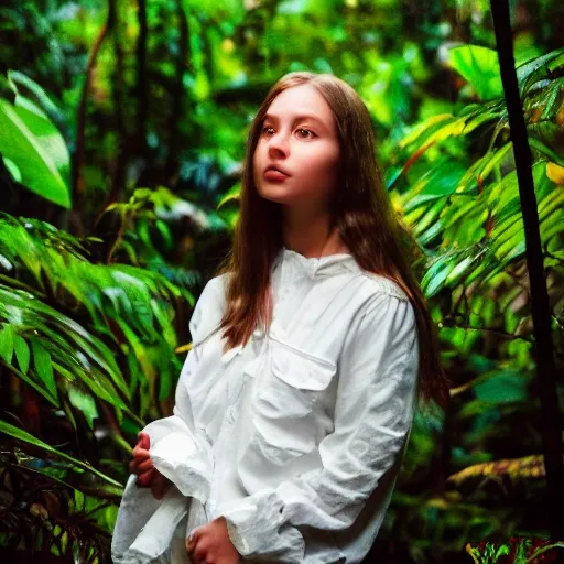 photo of a yong beautiful white girl in the Amazon Rainforest, in the style of hyperrealistic portraits, contest winner, color photography pioneer, minimalistic, 4k --ar 3:2 