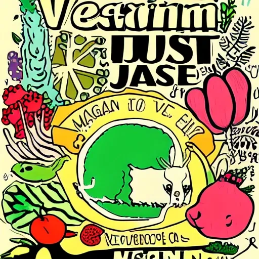 make an illustration that has the word VEGANISM IS JUSTICE in the center and animals around it and lots of vegetation , Cartoon