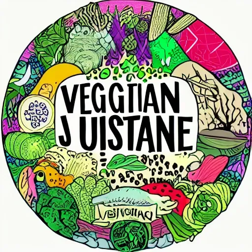 make an illustration that has the word VEGANISM IS JUSTICE in the center and animals around it and lots of vegetation , Cartoon, Trippy