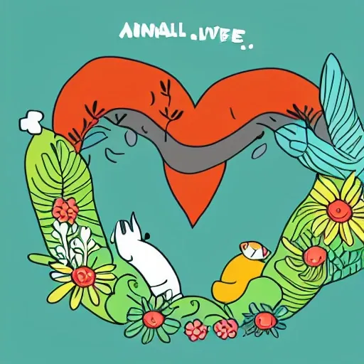 make an illustration that in the center has the phrase "ANIMAL LOVE" with animals around and many plants,  Cartoon