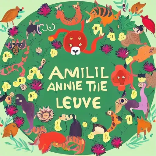 make an illustration that in the center has the phrase "ANIMAL LOVE" with animals around and many plants,  Cartoon