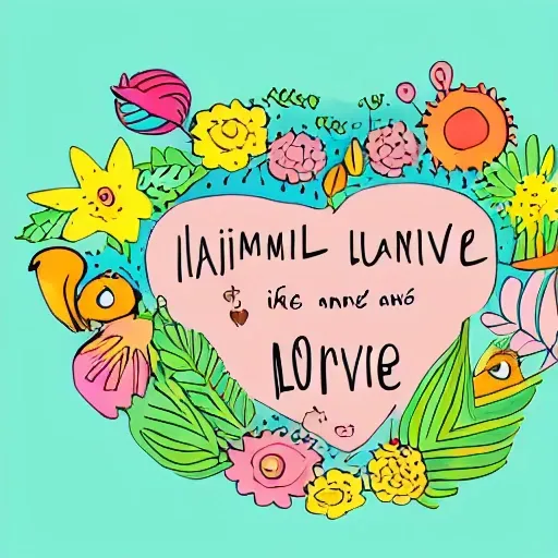 make an illustration that in the center has the phrase "ANIMAL LOVE" with animals around and many plants,  Cartoon, Water Color