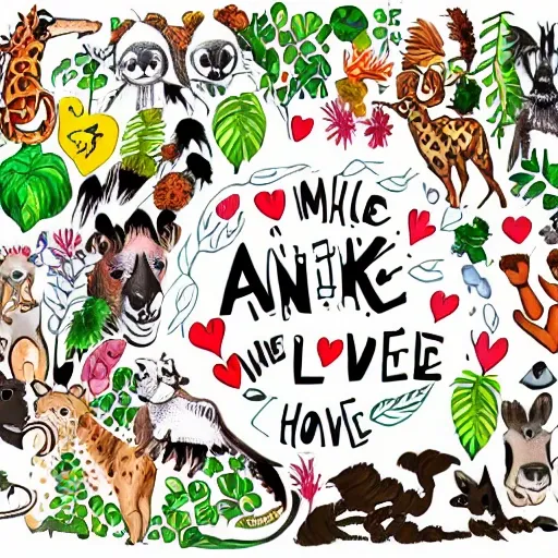 make an illustration that in the center has the phrase "ANIMAL LOVE" with animals around and many plants,  Cartoon, Water Color, 3D