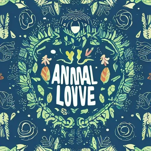 make an illustration that in the center has the phrase "ANIMAL LOVE" with animals around and many plants,  Cartoon, Trippy