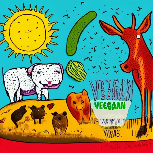 make an illustration about veganism for animals, Trippy