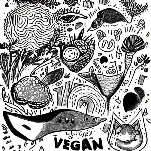 make an illustration about veganism for animals, Trippy, Cartoon, Pencil Sketch