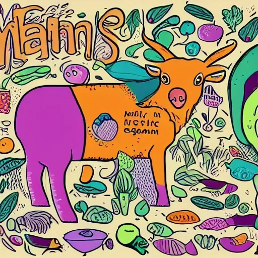 
make an illustration about veganism for animals, Cartoon, Trippy