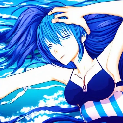 Anime girl with blue hair and closed eyes drowning in the ocean.... -  Arthub.ai