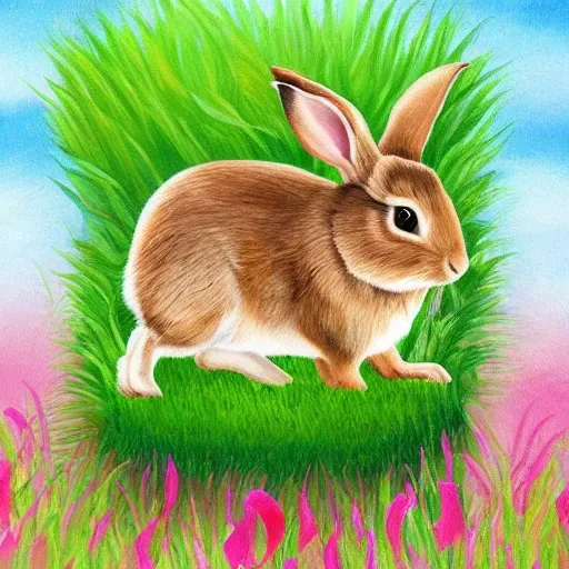 Create a childbookstyle painting of an rabbit eating grass