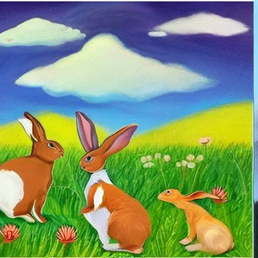 Create a painting in the style of children's books with rabbits grazing in the grass with the sky as the background.
