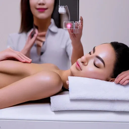 In a spacious and bright treatment room of a beauty salon, we can see a beautiful woman undergoing diode laser hair removal treatment. She was lying quietly on a comfortable treatment bed, and a professional beautician was using a high-tech laser hair removal device for treatment.