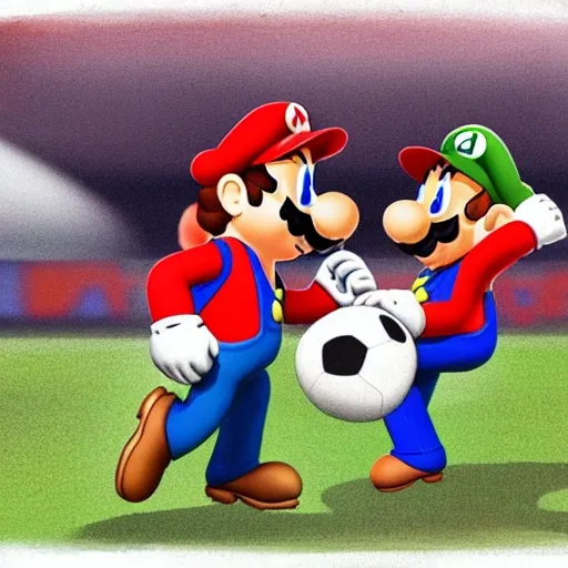 Mario bros en una cancha de fútbol levantando la copa del mundo usando la camiseta de Alemania , Cartoon, 3D