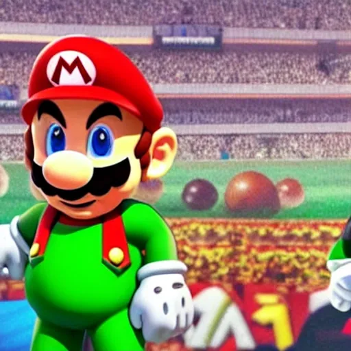 Mario bros siendo un jugador profesional del seleccionado alemán levantando la copa del mundo en un estadio de katar, 3D, Cartoon