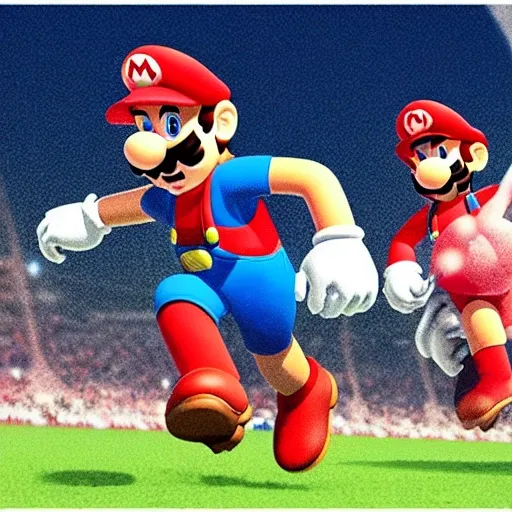 Mario bros siendo un jugador profesional del seleccionado alemán levantando la copa del mundo en un estadio de katar, 3D, Cartoon