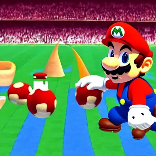 Mario bros siendo un jugador profesional del seleccionado alemán vistiendo el conjunto alemán levantando la copa del mundo en un estadio de katar, 3D, Cartoon