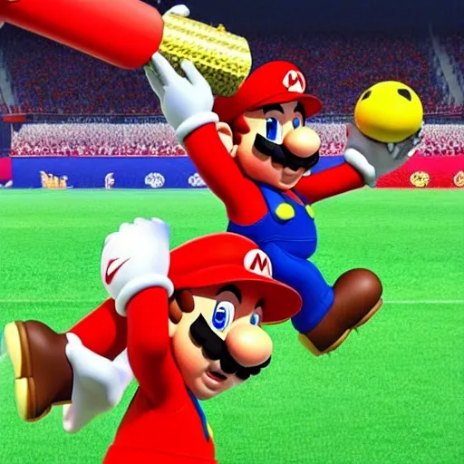 Mario bros siendo un jugador profesional del seleccionado alemán vistiendo el conjunto alemán levantando la copa del mundo en un estadio de katar, 3D, Cartoon