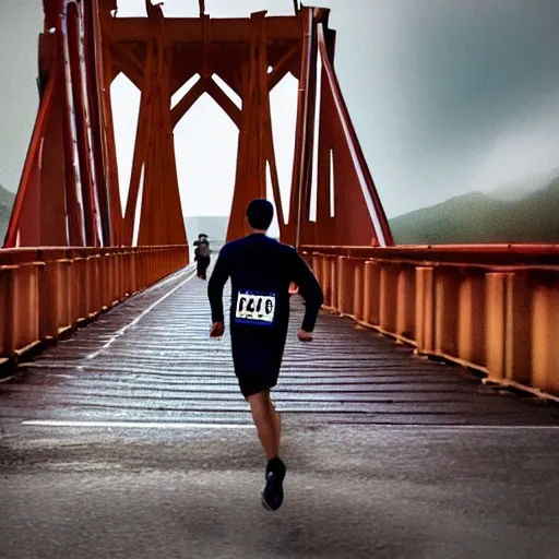 A man alone in the middle of the bridge, running a marathon, detailed and complex, photos, realistic, film, color grading, rich and colorful