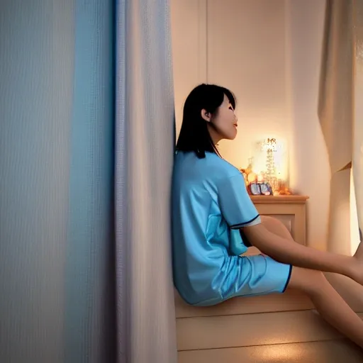 Girl, 25 years old, alone, Chinese girl, wearing light blue low-cut pajamas, red wine glass in hand, beautiful eyes, close-up photos, beautiful scenes, clear faces, features, Photorealism of Hyper, Real,Banner, enchanting atmosphere, bathroom corridor, Quixel Megascans Render, High detail, high resolution, Ultra realism, HD, 16K, Ultra high quality