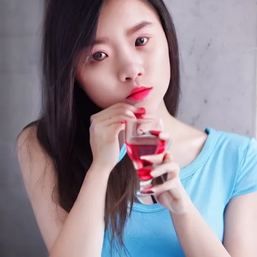 Girl, 25 years old, alone, Chinese girl, wearing light blue low-cut pajamas, red wine glass in hand, beautiful eyes, close-up photos, beautiful scenes, clear faces, features, Photorealism of Hyper, Real,Banner, enchanting atmosphere, bathroom corridor, Quixel Megascans Render, High detail, high resolution, Ultra realism, HD, 16K, Ultra high quality