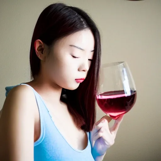 Girl, 25 years old, alone, Chinese girl, wearing light blue low-cut pajamas, red wine glass in hand, beautiful eyes, whole body, beautiful scene, clear facial features, beautiful eyes, Photorealism of Hyper, Real,Banner, psychedelic atmosphere, bathroom corridor, Quixel Megascans Render, High detail, high resolution, Ultra realism, HD, 16K, Ultra high quality