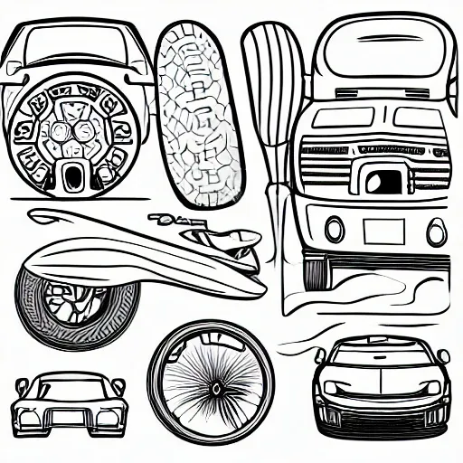 vehicle focus, no humans, car, wheel, tire, debris, fire, spike, rock, dirty, clean, shiny, oil slick, reflection, splash, droplets, rust, sparks, asphalt, ground vehicle, sports car, buggy, truck, 4x4 off road, super car, mechanical, kawaii style cartoon coloring page for kids, cartoon style, clean line art high detailed, no background, white, black, coloring book, sketchbook, realistic sketch, free lines, on paper, character sheet, 8k
, Pencil Sketch