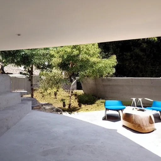 espacio arquitectonico de tres pisos en concreto con colores amarillos
, 3D