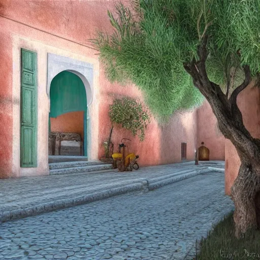 A traditional Moroccan town on the street of a small village on the Atlas Mountains. a gazebo in the shade of a hundred-year-old olive tree; Friendly atmosphere around tea and mint. Dolce Vita. Unreal Engine Rendering, Hyper Realistic, Super Detail, Oil Painting, Warm Colors, Happy, Impressionism, Da Vinci, Gary Bardeen Style --ar 2:3