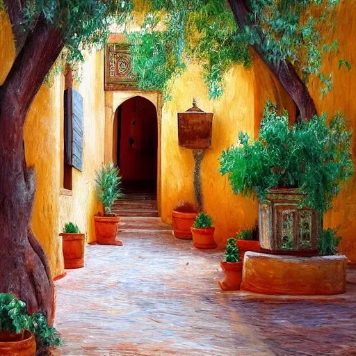 A traditional Moroccan town on the street of a small village on the Atlas Mountains. a gazebo in the shade of a hundred-year-old olive tree; Friendly atmosphere around tea and mint. Dolce Vita. Unreal Engine Rendering, Hyper Realistic, Super Detail, Oil Painting, Warm Colors, Happy, Impressionism, Da Vinci, Gary Bardeen Style --ar 2:3, Oil Painting