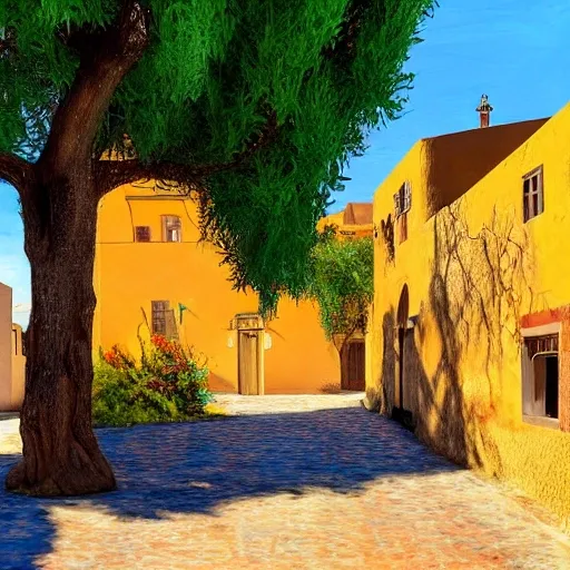 A traditional Moroccan town on the street of a small village on the Atlas Mountains. a gazebo in the shade of a hundred-year-old olive tree; Friendly atmosphere around tea and mint. Dolce Vita. Unreal Engine Rendering, Hyper Realistic, Super Detail, Oil Painting, Warm Colors, Happy, Impressionism, Da Vinci, Gary Bardeen Style --ar 2:3, Trippy