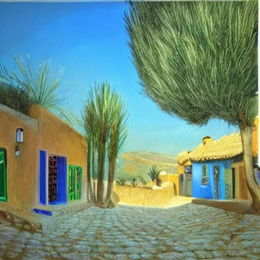 A traditional Moroccan town on the street of a small village on the Atlas Mountains. a gazebo in the shade of a hundred-year-old olive tree; Friendly atmosphere around tea and mint. Dolce Vita. Unreal Engine Rendering, Hyper Realistic, Super Detail, Oil Painting, Warm Colors, Happy, Impressionism, Da Vinci, Gary Bardeen Style --ar 2:3, Oil Painting, 3D, 3D, 3D