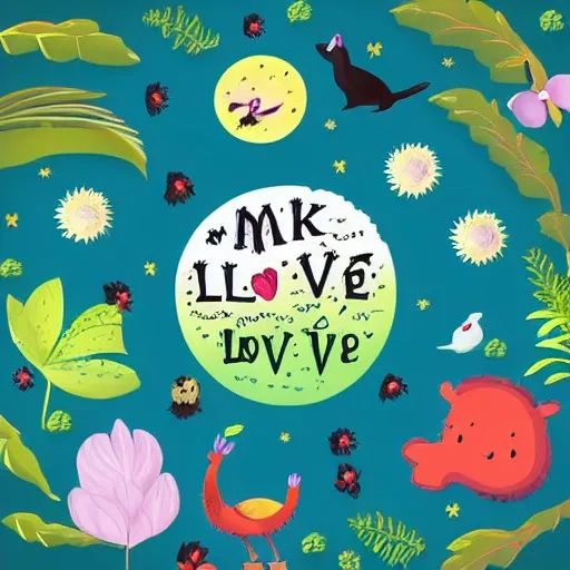 make an illustration that has the word I LOVE NATURE
 in the center and animals around it and lots of vegetation , Cartoon