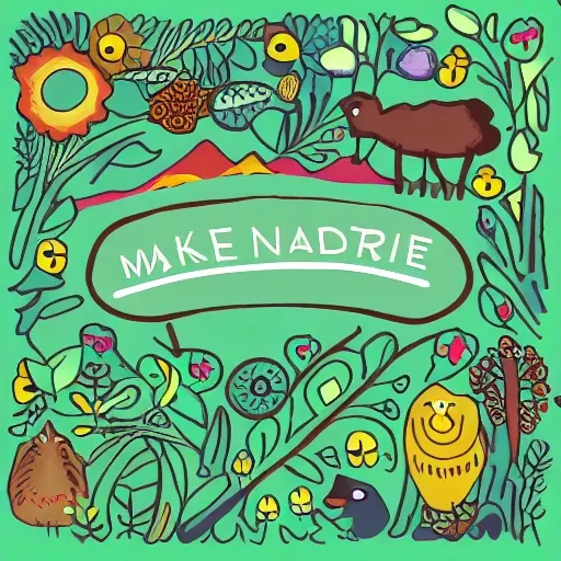 make an illustration that has the word I LOVE NATURE
 in the center and animals around it and lots of vegetation , Cartoon