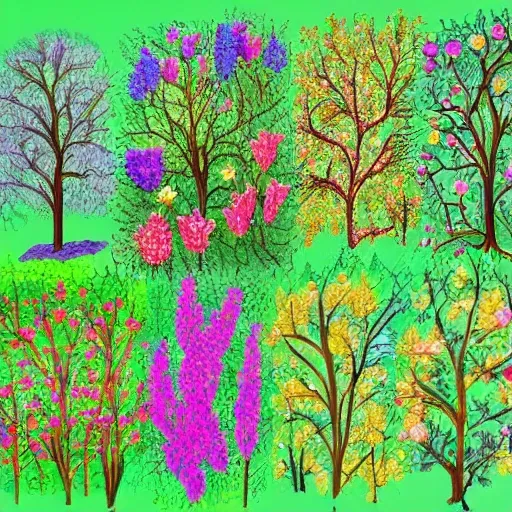 Draw a beautiful forest with many trees and flowers in it