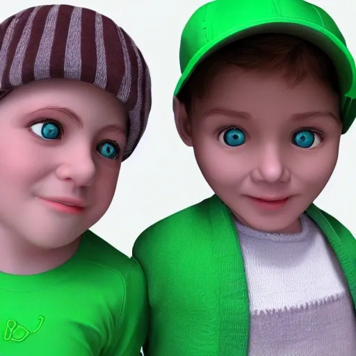 , 3D,  two boys, big eyes, hand in hand,one have a green hat,one have T back